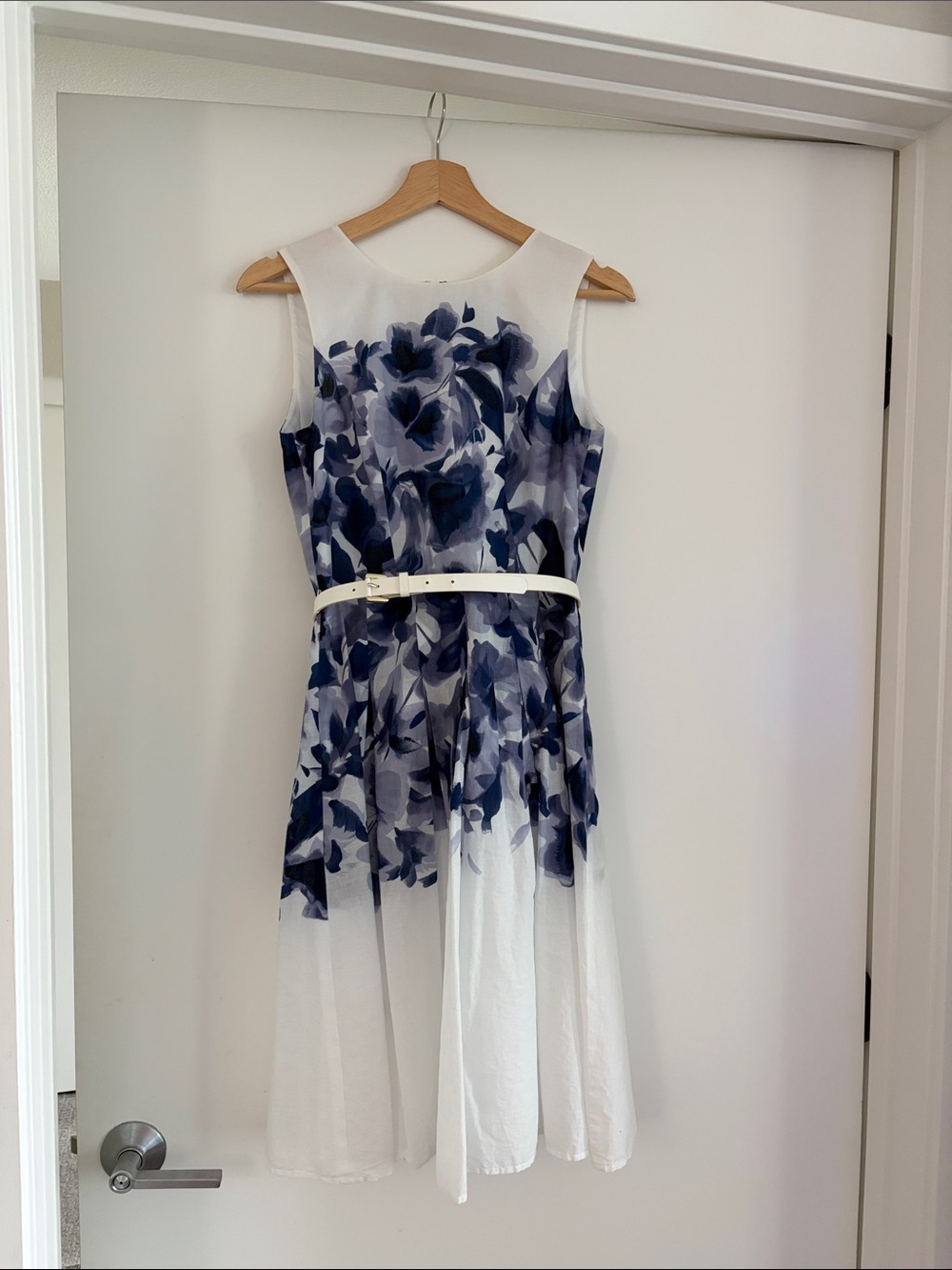 Tommy Hilfiger White Midi Dress with Navy Floral Print and Belt